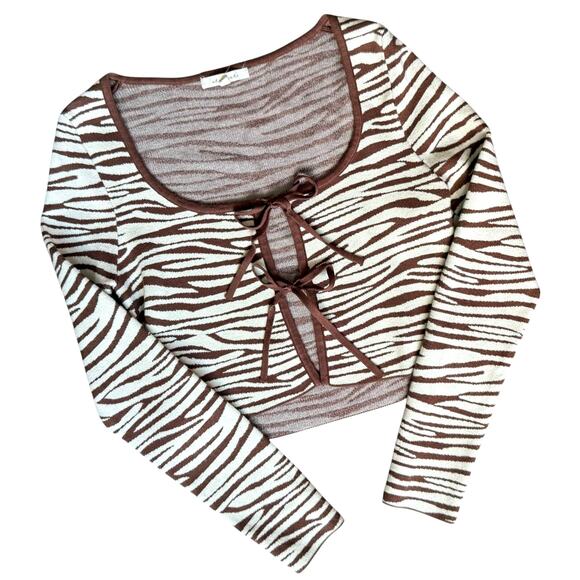 Et Clet Animal Print Knit Two-Tone Sweater Tie-Front Cardigan Bow Brown Sz Small - Picture 1 of 10